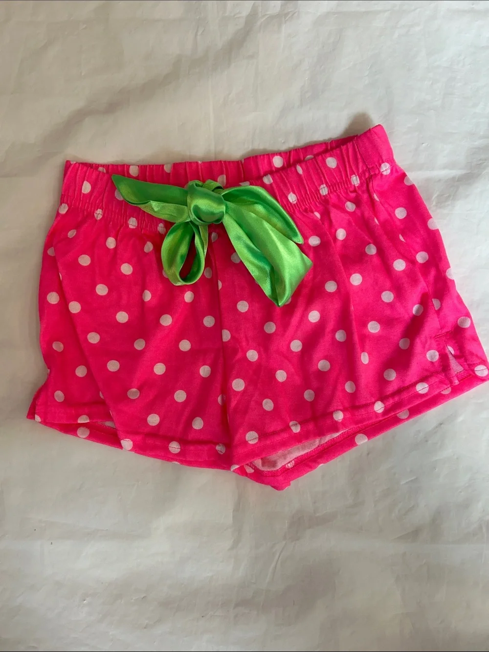 Justice Hot Pink Polka Dot Shorts with Green Satin Bow